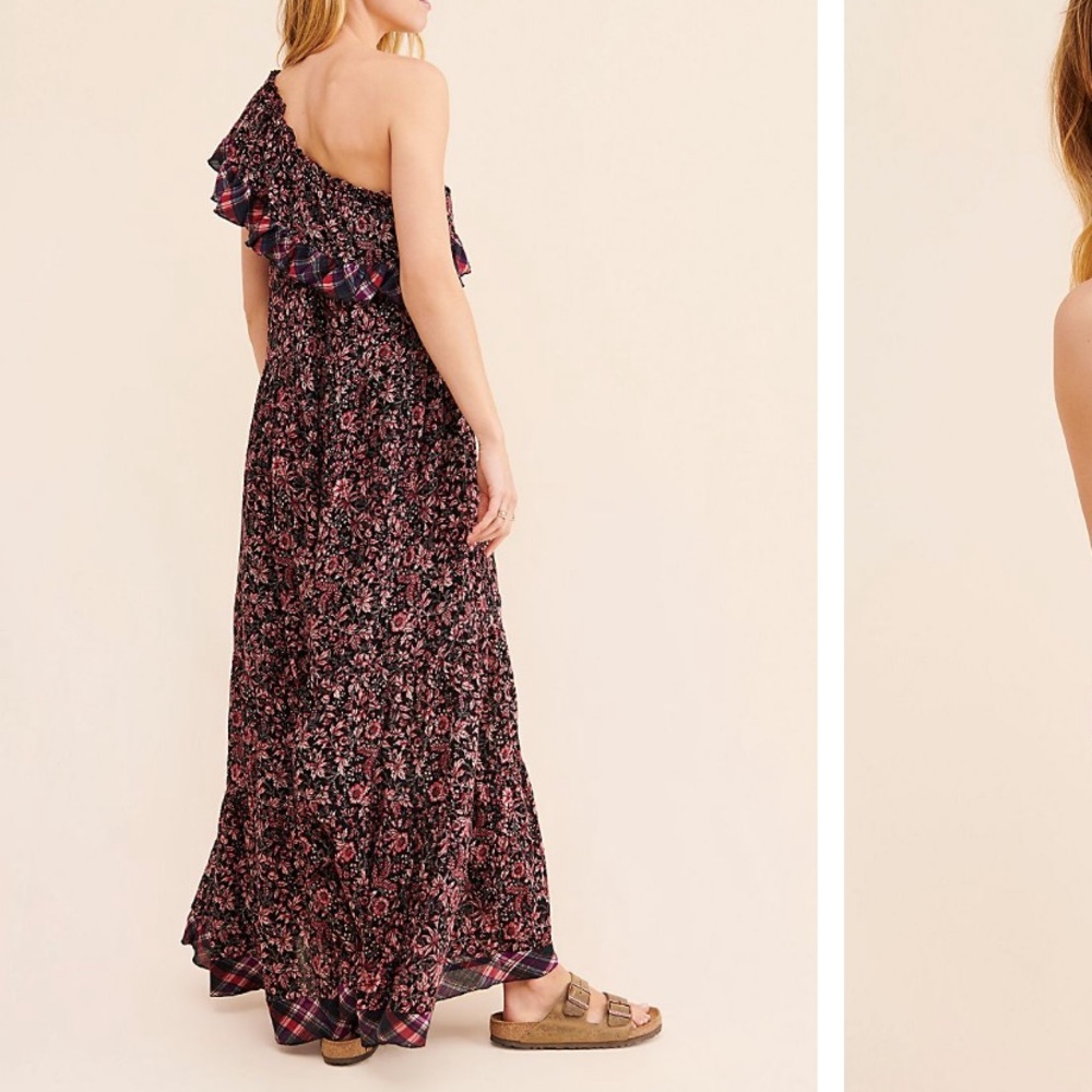 FREE PEOPLE WHAT ABOUT LOVE ONE SHOULDER FLOWY PLAID MAXI DRESS BLACK MOTIF M - Picture 6 of 16